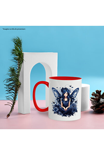 StoryGift Romania Mug with a cute fairy, illustration, blue wings, dress, poppies, butterflies, With ,STG.