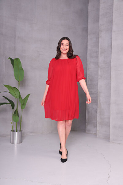 Shahiqa Büyük Beden Önü Piliseli Şifon Elbise