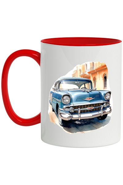 StoryGift Romania Mug With Car, Retro, Vintage, Buildings, Chevrolet 1956, Multicolor 330 ml, Sky, With,STG.