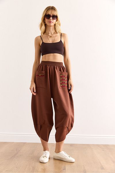 Olalook Women's Brown Pocketed Ethnic Garnished Leg Detailed Linen Content Trousers Pnt-19000344