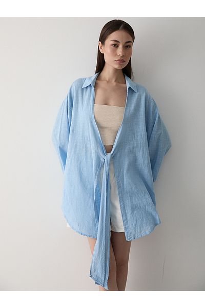 Laluvia Blue Flam Linen Kimono Shirt