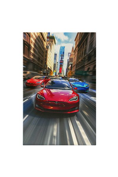 StoryGift Romania Tablou Canvas Cursa De Masini Maserati Una Roz, Rosie Si Albastra Se Intrec In Orasul Aglomera
