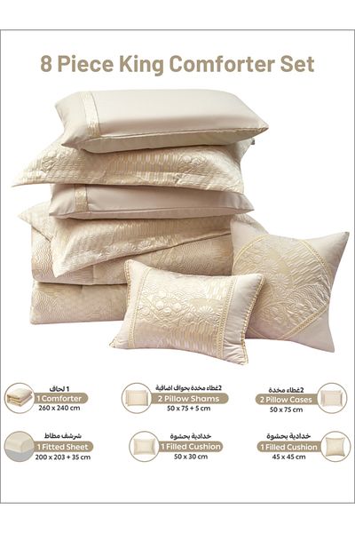 Donetella Premium King Comforter Set 8-Pcs, Jacquard Bedding with 350 GSM Poly Silk Filling