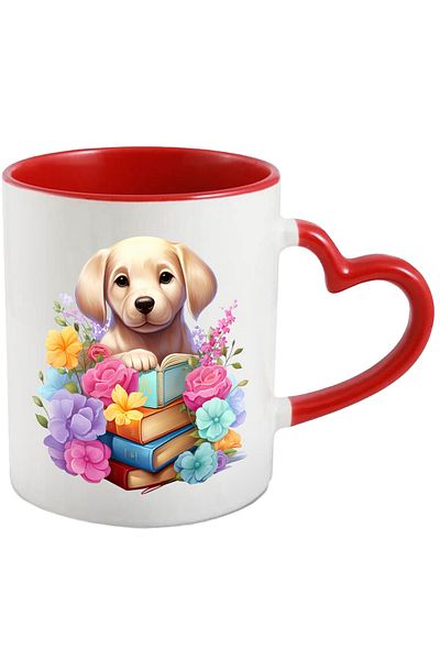 StoryGift Romania Mug with a puppy that has many books in front of it | illustration | flowers | a book often, With ,STG.