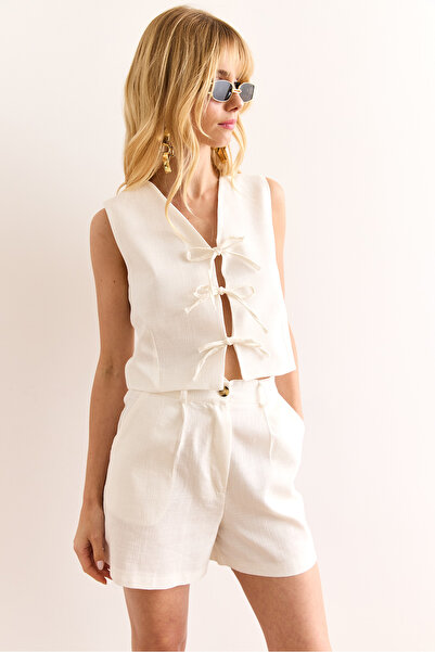 Olalook Γυναικείο λινό γιλέκο με λεπτομέρεια από λευκό δαντέλα YLK-19000069