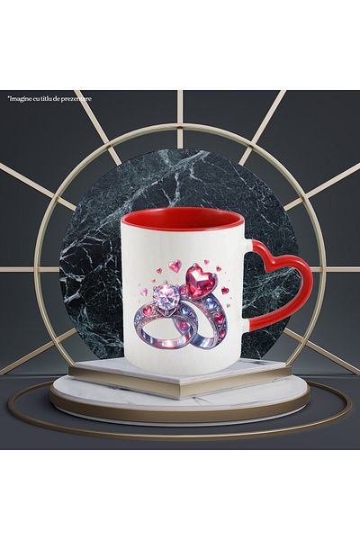 StoryGift Romania Mug with 2 diamond rings, gemstones, illustration, engagement, relationship, Val, Cu, STG.