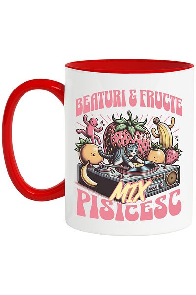 StoryGift Romania Drinks and Fruits Mug, Funny Summer DJ Cat Mix, 330ml, Ceramic with Red Handle, With,STG.