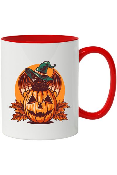 StoryGift Romania Halloween Mug: Pumpkin, Cat, Leaves, Wings, Witch, Multicolor 330 ml, With ,STG.