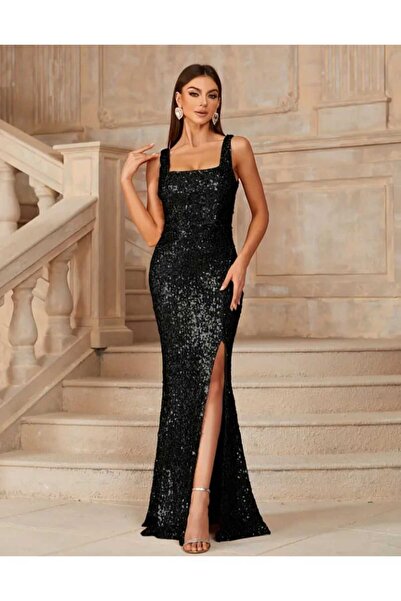 MODAS kalın askılı Kare Yaka YIRTMAÇLI PULPAYET ABİYE ELBİSE