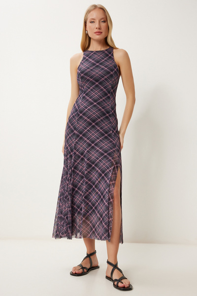 Lovelyİstanbul Rochie din șifon cu decolteu cu model GREY LNS0057