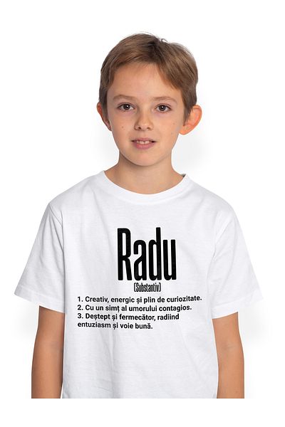 StoryGift Romania Tricou Copii Baieti Cu Numele Radu, Cu Mesaj Motivational, Creativ, Energic, Curios, ,stg