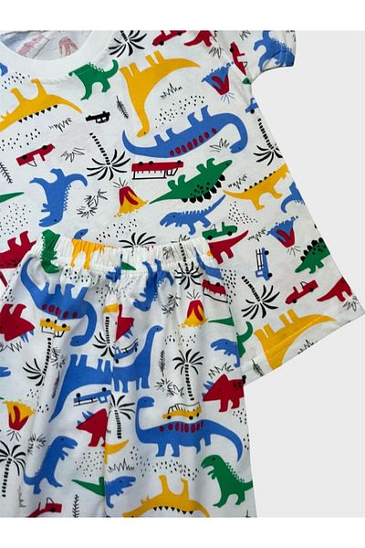 ALİŞ KİDS Set de pijamale de vară pentru băiat, din bumbac, alb, cu model de dinozaur, cu mâneci scurte