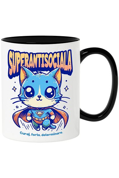 StoryGift Romania Super Anti-Social Mug, Superhero, Flying Cat, 330ml, Ceramic with Black Handle, With ,STG.