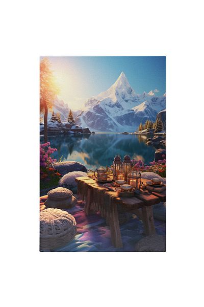 StoryGift Romania Tablou Canvas: Peisaj De Relaxare, Cina In Aer Liber Cu Lacul Langa Si Decor De Munti Cu Zapad