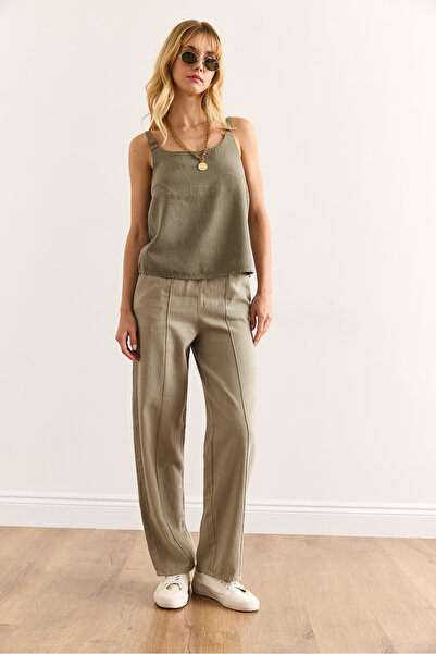 Olalook Kadın Haki Beli Lastikli Önü Dikişli Yıkamalı Tok Keten Pantolon PNT-19000342