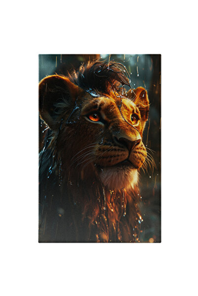 StoryGift Romania Tablou Canvas: Ilustrație 3d Leu Cu Ochii Aprinși Ăn Ploaie...