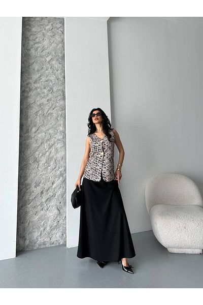 NILOO Leopard Patterned Vest Long Black Skirt 2 Piece Set
