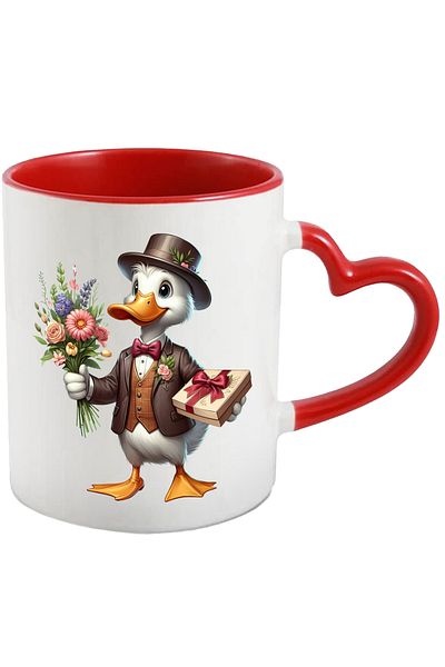StoryGift Romania Mug with a duck holding a bouquet of flowers and a gift | box | gifts for, With,STG.