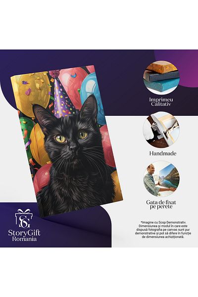 StoryGift Romania Tablou Canvas Distracție La Petrecerea Lui Pissy Motanul Bombay Ce Are Coif Și Baloane Multicol