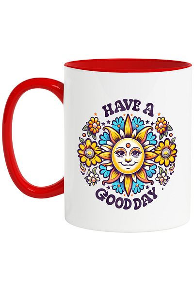 StoryGift Romania Mug with the sun surrounded by flowers with the message "Have a good day", hippie style,, With ,STG.