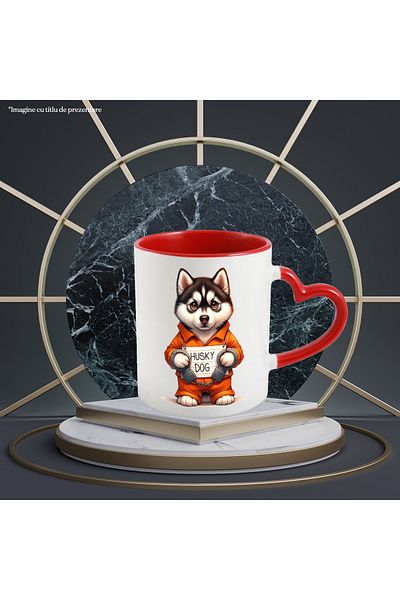 StoryGift Romania Mug with a Husky dog ​​in prison, handcuffed, prisoner uniform, serious, illus, With ,STG.