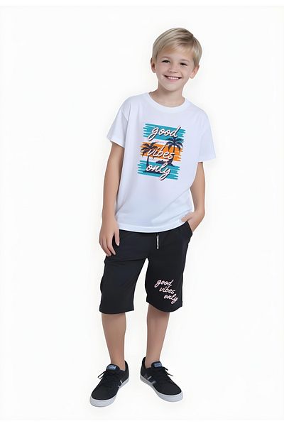 FYK KİDS Ki̇ds Boy's Summer Good Vibes Only Printed Bottom Suit