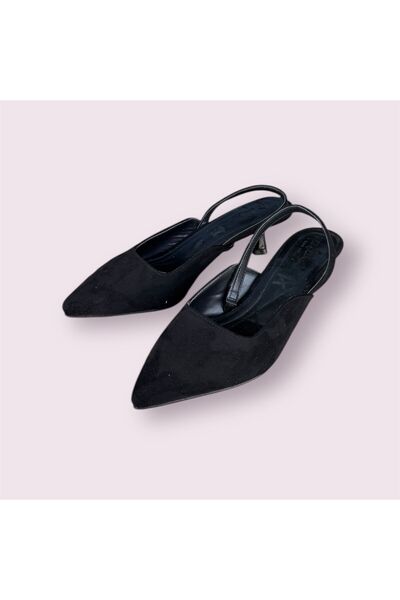 İpek Silk Women's Black Suede Short Heel Slingback Shoes Sitiletto