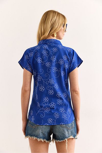 Olalook Women's Ivy Saks Blue Patterned Linen Bat Shirt Gml-19001129
