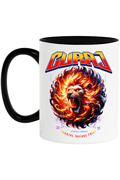 StoryGift Romania Cana Curaj De Leu, Curajul Invinge Frica, 330ml, Ceramica Cu Maner Negru, Cu Maner Ne,stg