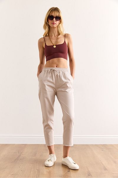 Olalook Women's Stone Waist Elastic Tasseled Gabardine Carrot Trousers Pnt-19000343