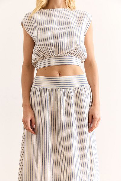 Olalook Women's Blue Striped Side Zipper Midi Bell Muslin Skirt Etk-19000320
