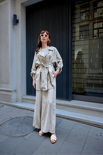 Garzia Taş Takma Cepli Keten Bol Paça Pantolon