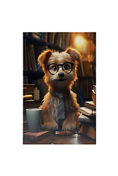 StoryGift Romania Tablou Canvas: Micul Catel Cititor Cu Cravata Gri Cu Model Alb Si Ochelari Incantat De Carti C