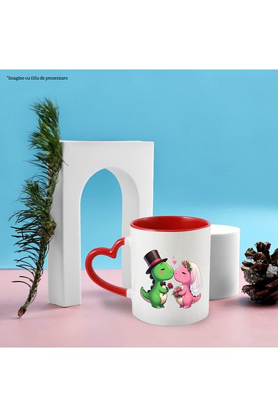 StoryGift Romania Mug with 2 dinosaurs at the wedding | pink | green | hearts | bouquet of roses | , With ,STG .