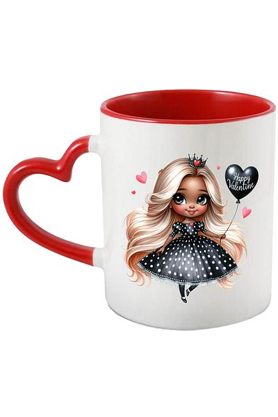 StoryGift Romania Mug with a little blonde girl in a black dress with white polka dots | holding a balloon with a table, With ,STG.