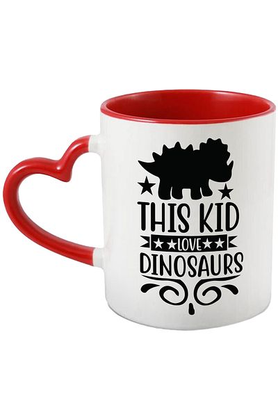 StoryGift Romania Mug with stars and a dinosaur with the message "This kid loves dinosaurs" - this mug, by STG.