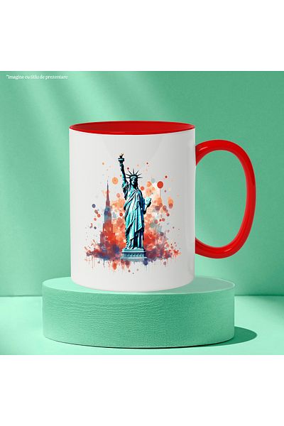 StoryGift Romania Mug With Monument, Statue of Liberty, USA, Watercolor, Multicolor 330 ml, Ceramics, With, STG.
