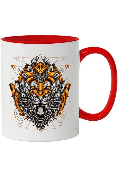 StoryGift Romania Mug With Tiger Head, Mecha, Robot, Geometric, Cyberpunk, Multicolor 330 ml, Sky, With,STG.