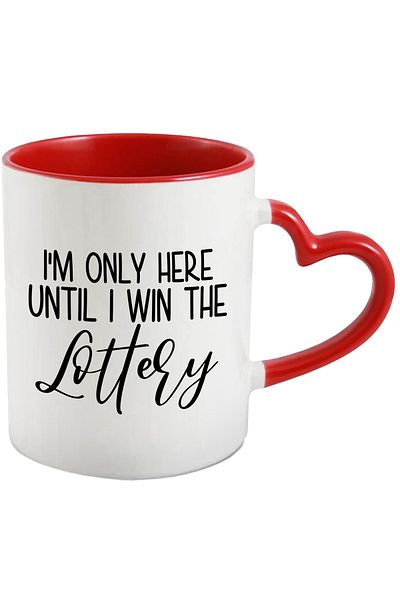 StoryGift Romania Mug with the message "I'm only here until I win the lottery" with Red Heart Handle, With ,STG.