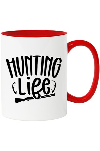 StoryGift Romania Mug with a rifle and the text "Hunting life" - hunter's life with Red Handle, With R Handle, STG.