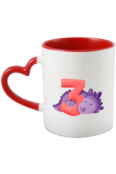 StoryGift Romania Mug with a purple dinosaur with the number 3, illustration, for children, school, student, three, With, STG.