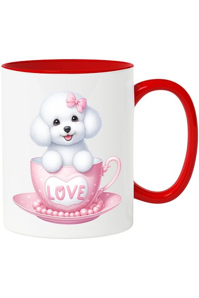 StoryGift Romania Mug with a white puppy | furry | illustration | sitting in a cup | bow | Valen, Cu,STG