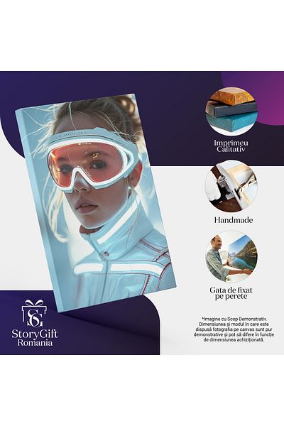 StoryGift Romania Tablou Canvas Reflexia Eleganței Femeii Cu Ochelari Albi Și Lumini În Salopetă Protectoare , Pi