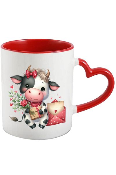 StoryGift Romania Mug with a blushing cow holding a package in her arms | illustration | letter, With ,STG.