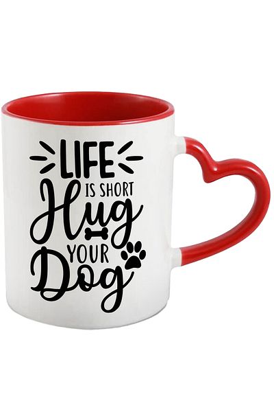 StoryGift Romania Mug with a bone and the text "Life is short, hug your dog" with Heart Handle, With ,STG.