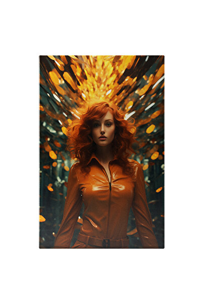 StoryGift Romania Tablou Canvas: Orange Party, Femeie In Salopeta Latex Portocalie Cu Parul Roscat Si Ochii Verz