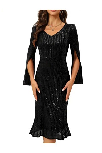 MODAS V YAKA PULPAYET MİDİ ELBİSE