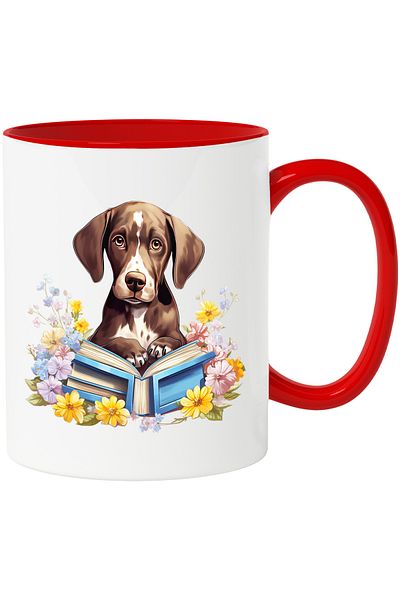 StoryGift Romania Mug with a puppy looking surprised | holding an open book | reading | learning, With ,STG