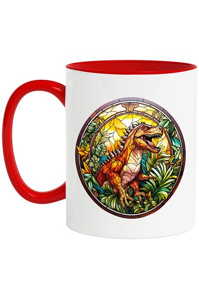 StoryGift Romania Mug with an angry dinosaur, illustration, in mosaic style, glass, greenery, aggression, With ,STG