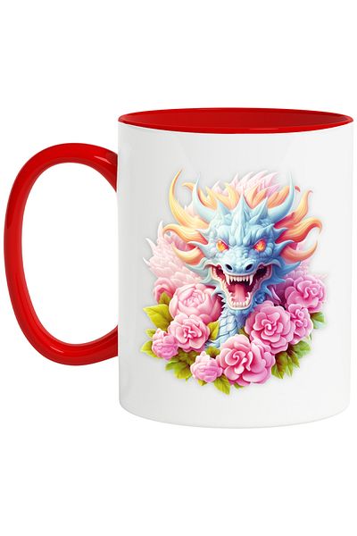StoryGift Romania Mug with an aggressive dragon, illustration, flaming eyes, popcorn, pink, an chine, With ,STG .